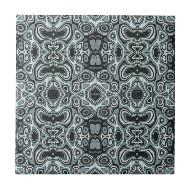 Dark Teal Blue Seafoam Green Gray Ethnic Tribe Art Ceramic Tile (Front)