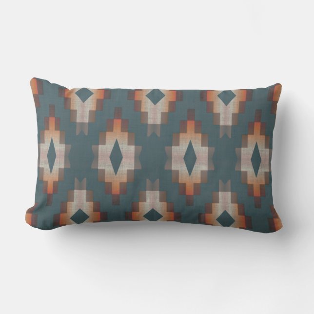 Dark Teal Blue Terracotta Rust Brown Tribal Art Lumbar Pillow (Front)