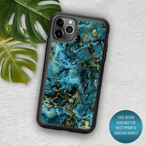 Dark Teal Blue Turquoise Faux Gold Agate Pattern iPhone 13 Case