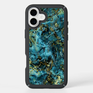 Dark Teal Blue Turquoise Faux Gold Agate Pattern iPhone 16 Plus Case
