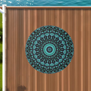 Dark Teal Botanical Noir Mandala Outdoor Rug