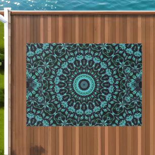 Dark Teal Botanical Noir Mandala Outdoor Rug