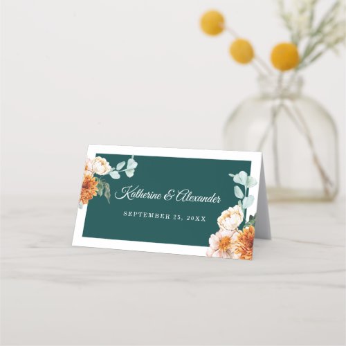 Dark Teal Burnt Orange Floral Autumn Wedding Place Card