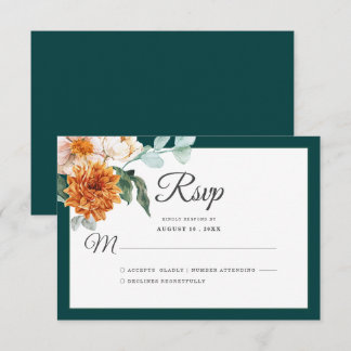 Dark Teal Burnt Orange Rustic Fall Wedding Floral RSVP Card