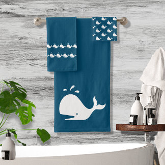 Dark Teal Cartoon Whale Nautical Costal Bath Towel Set