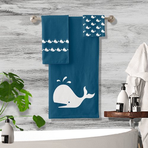 Dark Teal Cartoon Whale Nautical Costal Bath Towel Set