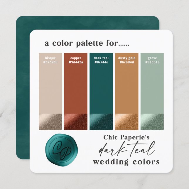 Dark Teal & Copper Bold Wedding Color Palette Card (Front/Back)