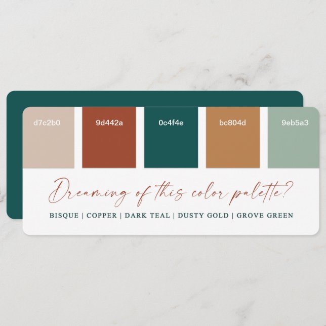 Dark Teal & Copper Fall Wedding Color Palette Card (Front/Back)