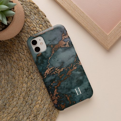 Dark Teal  Copper Marble Monogram iPhone 13 Case