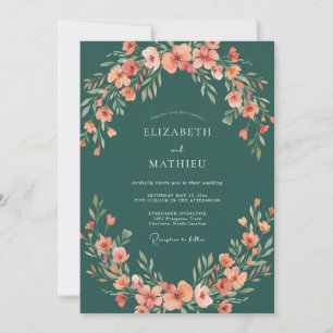 Dark Teal Coral Wildflower Wedding Invitation