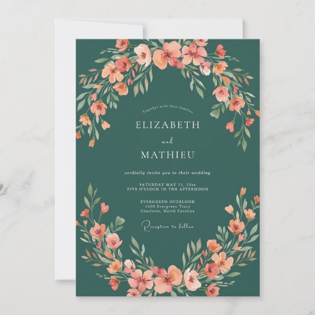Dark Teal Coral Wildflower Wedding Invitation (Front)