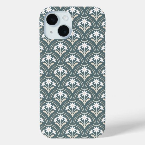 Dark Teal Daisy Scallop Pattern iPhone 15 Case