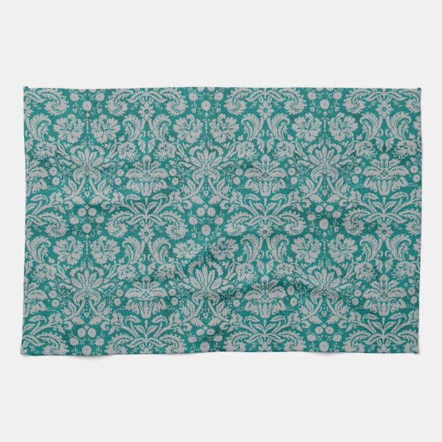 Dark Teal Damask Kitchen Towel (Horizontal)