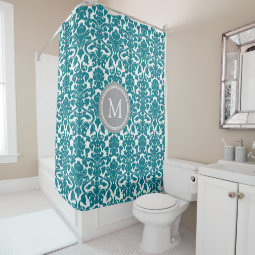 Dark Teal Damask Monogram Shower Curtain | Zazzle