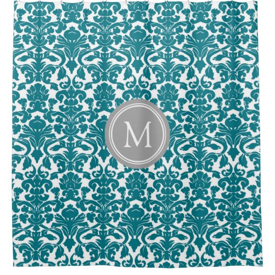 Dark Teal Damask Monogram Shower Curtain Zazzle Com