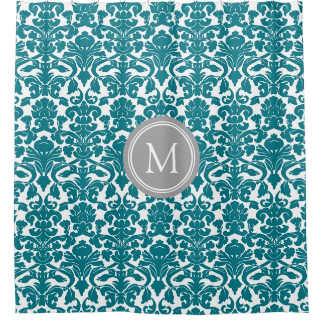 Dark Teal Damask Monogram Shower Curtain (Front)