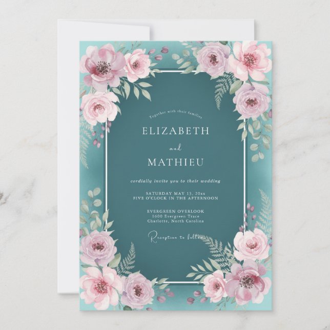 Dark Teal Dreamy Botanical Wedding Invitation (Front)