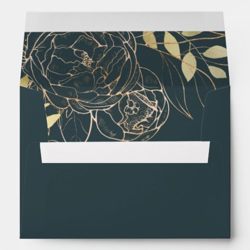 Dark Teal  Faux Gold Peony Modern Floral Wedding Envelope