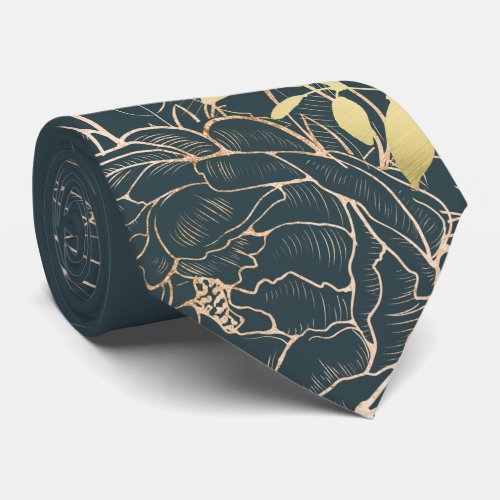 Dark Teal  Faux Gold Peony Modern Floral Wedding Neck Tie