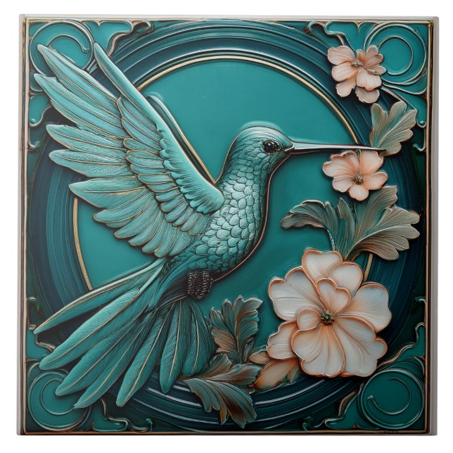 Dark teal faux relief Art Nouveau Hummingbird R Ceramic Tile (Front)