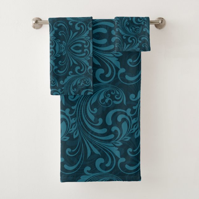 Dark teal floral damask pattern bath towel set (Insitu)