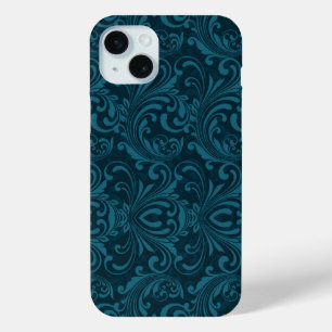 Dark teal floral damask pattern iPhone 15 plus case