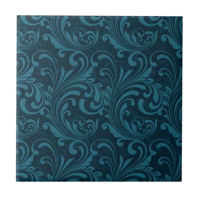 Dark teal floral damask pattern ceramic tile (Front)