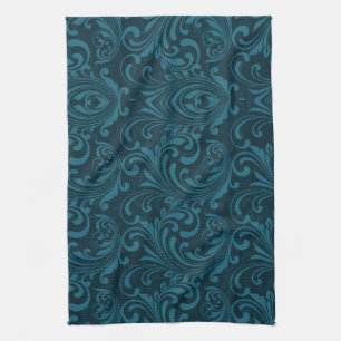 Dark teal floral damask pattern kitchen towel