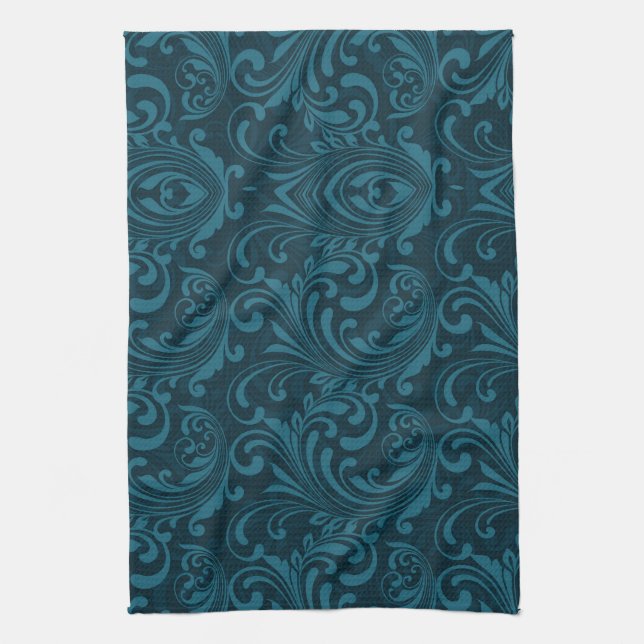 Dark teal floral damask pattern kitchen towel (Vertical)