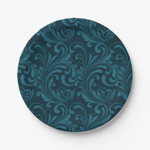 Dark teal floral damask pattern paper plates