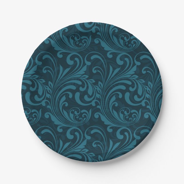 Dark teal floral damask pattern paper plates (Front)