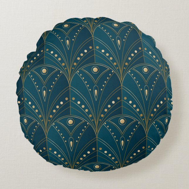 Dark teal floral damask pattern round pillow (Front)