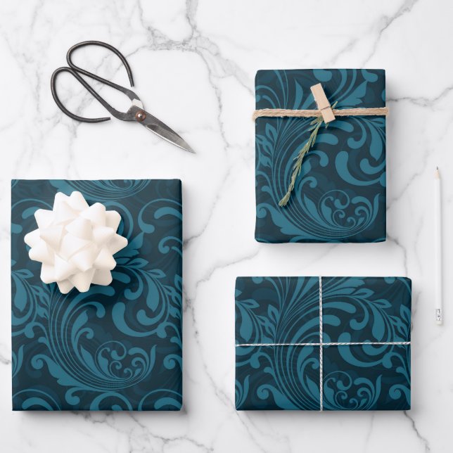 Dark teal floral damask pattern wrapping paper sheets (Front)