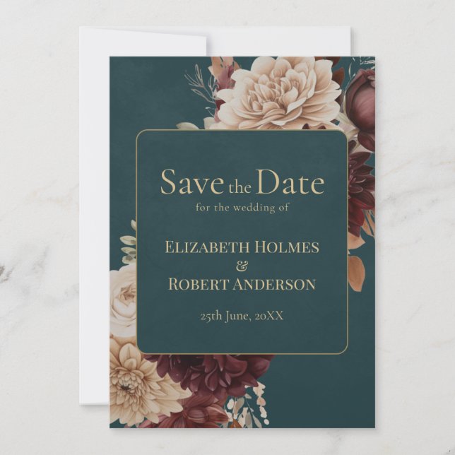 Dark Teal Floral Gothic Save the Date Invitation (Front)