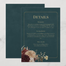 Dark Teal Floral Gothic Wedding Details Card