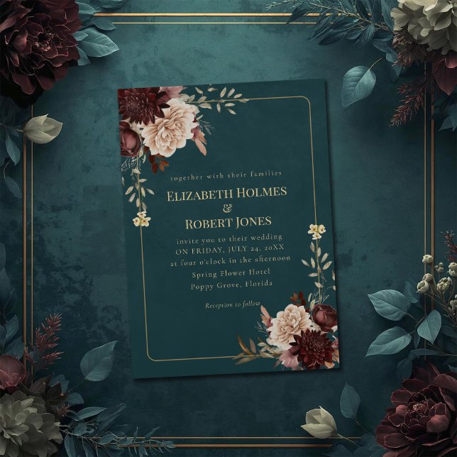 Dark Teal Floral Gothic Wedding Invitation (Dark Teal Floral Gothic Wedding Invitation on a teal wedding table with vintage flowers)
