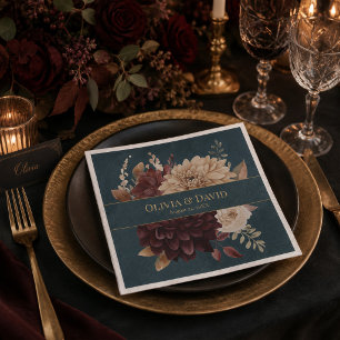 Dark Teal Floral Gothic Wedding Napkins