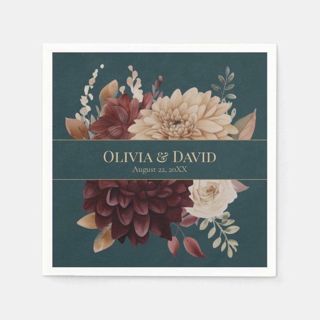 Dark Teal Floral Gothic Wedding Napkins (Front)