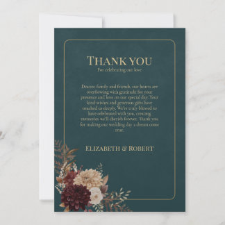 Dark Teal Floral Gothic Wedding Thank You Card
