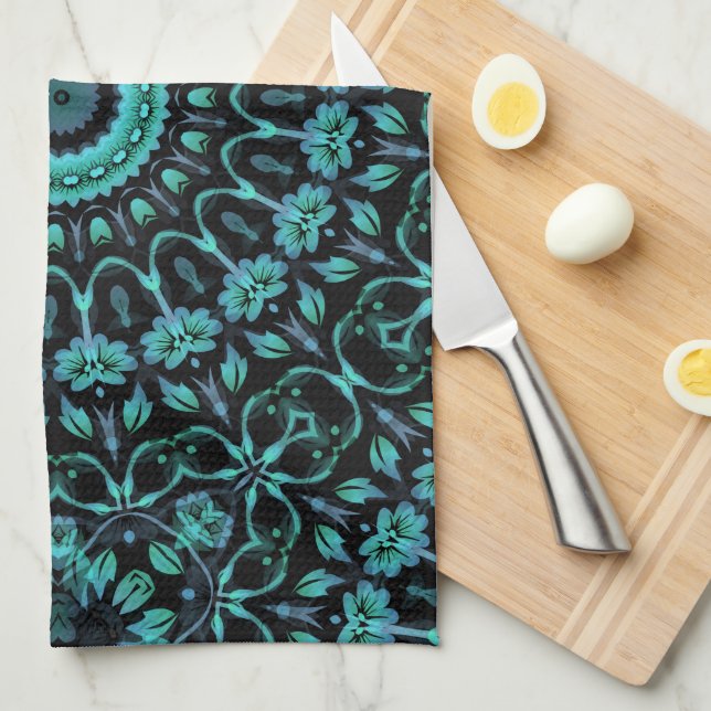 Dark Teal Floral Noir Mandala Kitchen Towel (Quarter Fold)