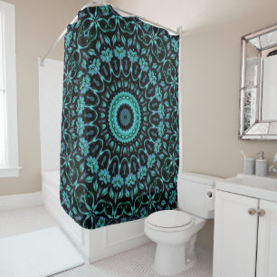 Dark Teal Floral Noir Mandala Shower Curtain