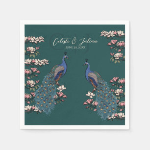 Dark Teal Floral Peacock Wedding Napkins