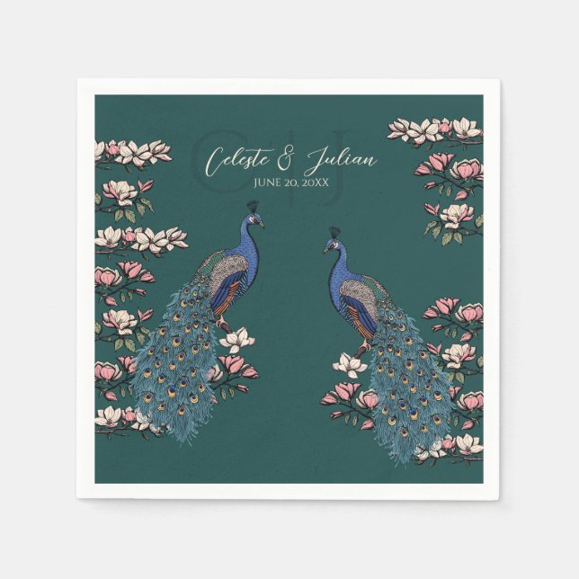 Dark Teal Floral Peacock Wedding Napkins (Front)