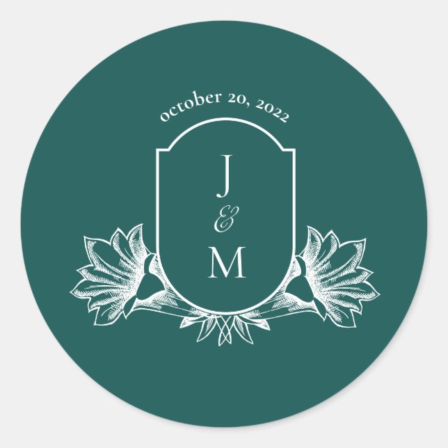 Dark Teal Floral Wedding Monogram Crest Clas Classic Round Sticker (Front)