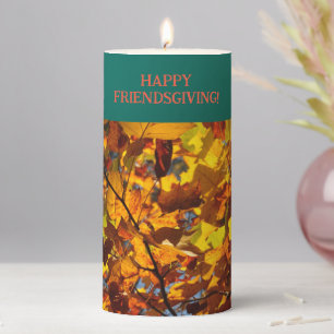 Dark Teal Friendsgiving Fall Autumn Leaves Pillar Candle