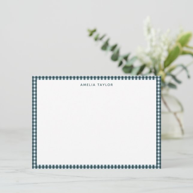 Dark Teal Gingham Border Personalized Stationery Note Card (Standing Front)