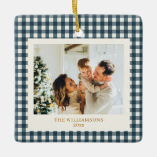 Dark Teal Gingham Family Photo Personalized 2026 Ceramic Ornament