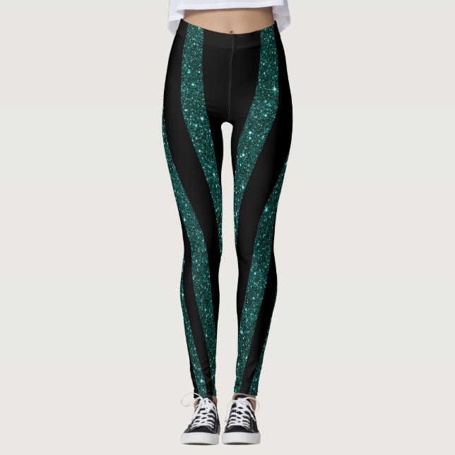 Dark Teal Glitter Black Stripes Leggings (Front)