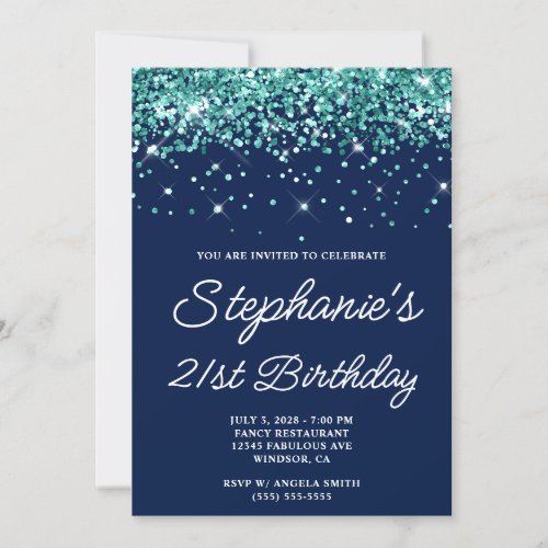 Dark Teal Glitter Midnight Blue 21st Birthday Invitation