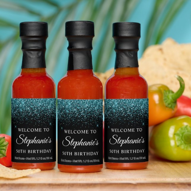 Dark Teal Glitter on Black 50th Birthday Hot Sauces (Multi)